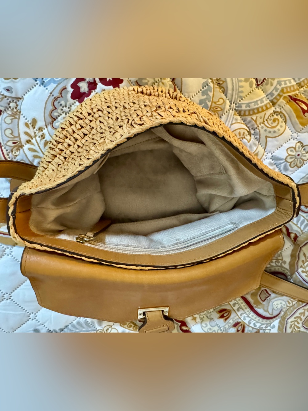 Authentic Michael Kors Tan Straw Crossbody Bag with Leather Trim L 9” x W 6” - Picture 8 of 8
